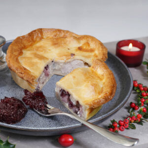 turkey_ham_cranberry_large_pie_cut turkey, ham and cranberry large family pie cut