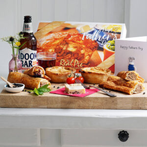 Father's Day gift box - two pies, two footlong sausage rolls, chocolate chip shortbread and a bottle of non-alcoholic ale